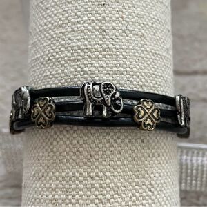 Bohemian Elephant Charm Leather Bracelet with Gold and Silver Accents